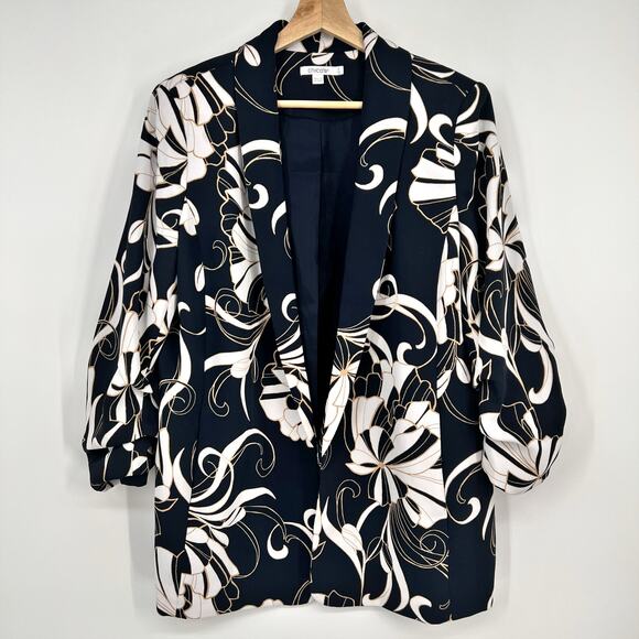 Chico's Jackets & Blazers - Chico's Open Blazer Jacket Womens US 12 / 2 Navy Blue Floral Ruched  3/4 Sleeve